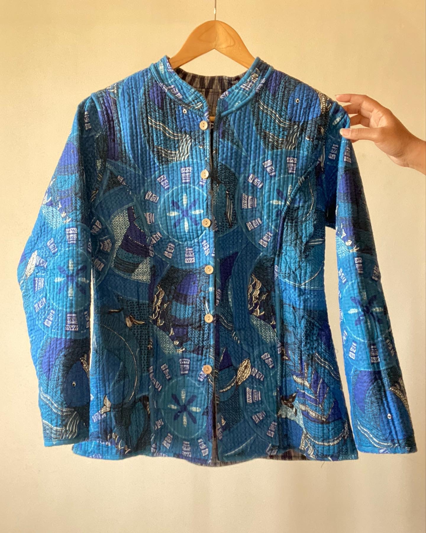 Blue Zik Zak Blockprint Reversible Cotton Quilted Jacket