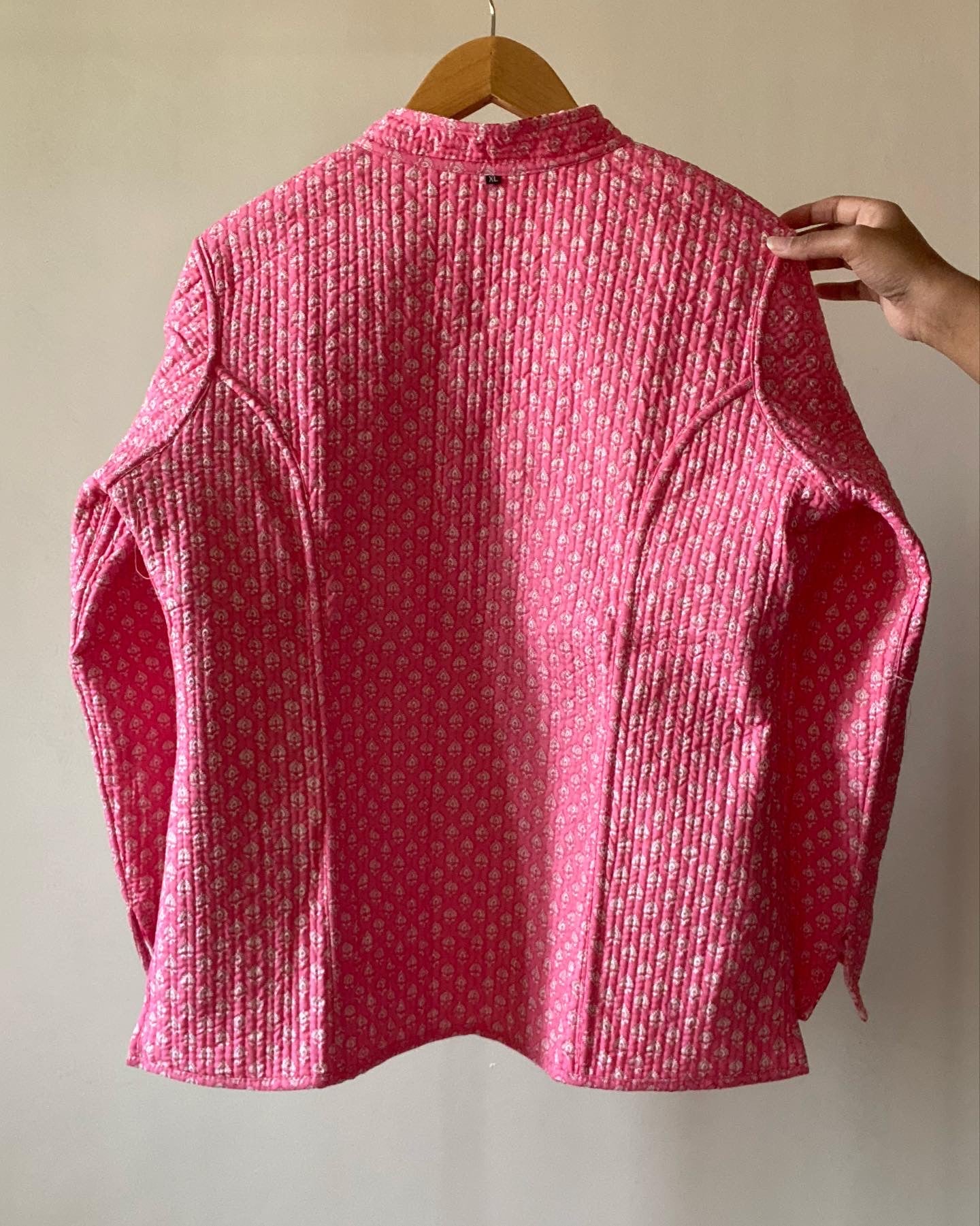 Pink All Over Floral Motif Block Print Cotton Quilted Jacket