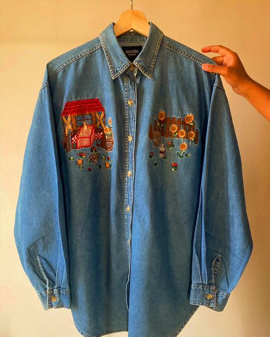 Fall Embroidered Vintage Denim Shirt