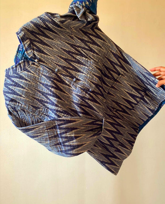 Blue Zik Zak Blockprint Reversible Cotton Quilted Jacket