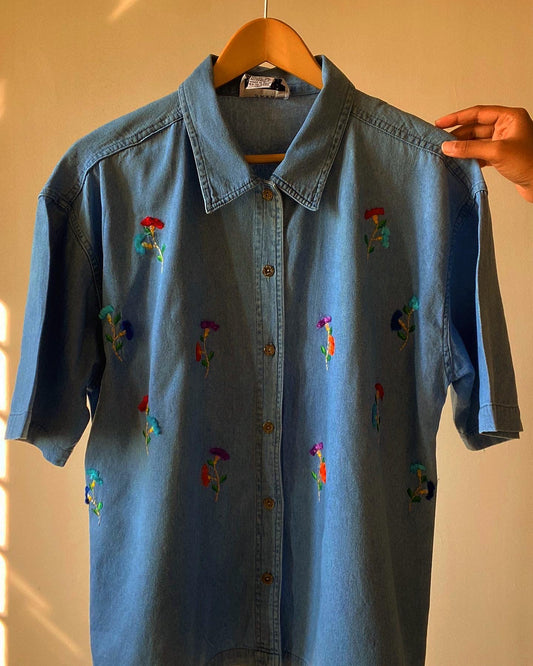 3D Floral Vintage Denim Shirt