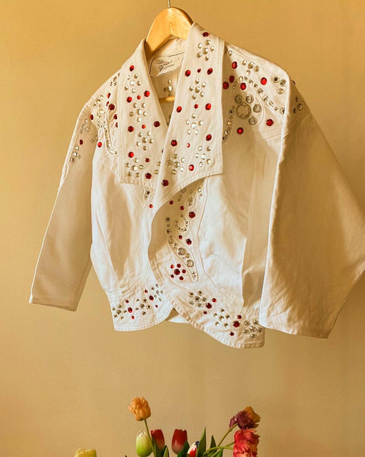 White Denim Studded Vintage Cropped Jacket