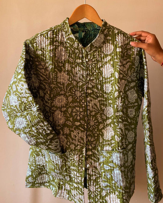 Green Block Print Quilted Jacket