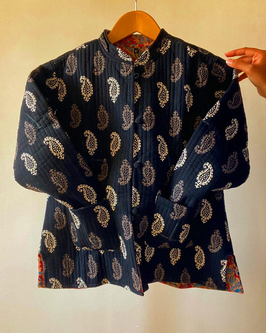 Black Heritage Motif Block Print Quilted Jacket