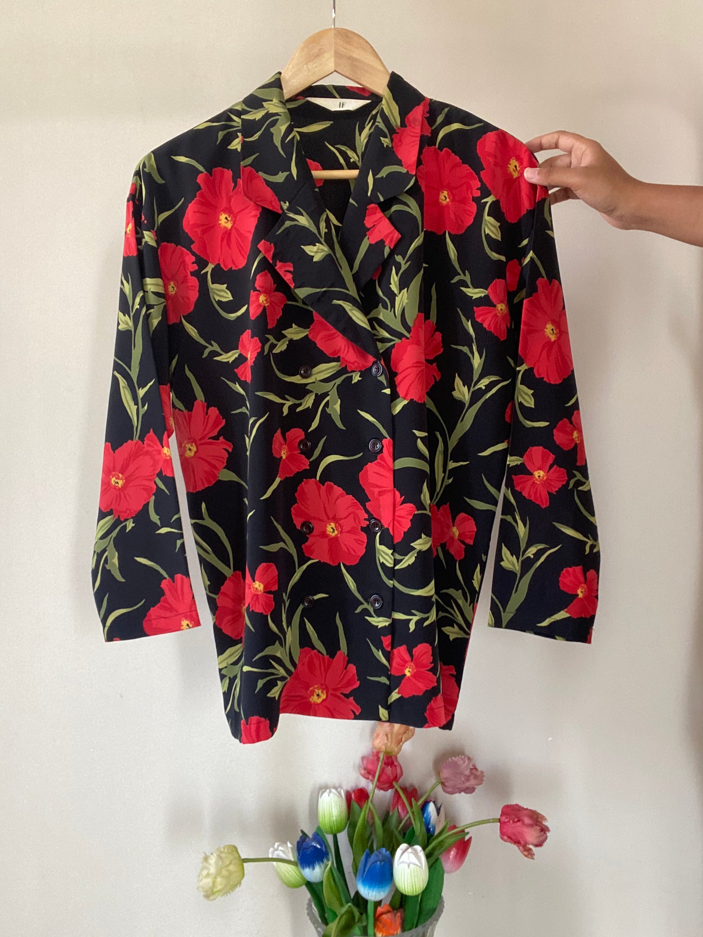 Red Floral Vintage Blazer Style Shirt