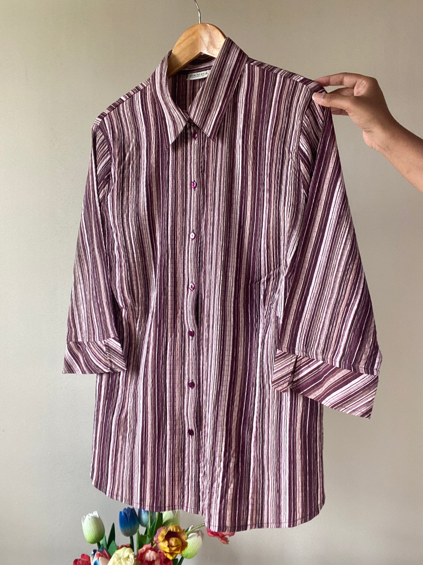 Crinkle Textured Stripes Print Vintage Shirt