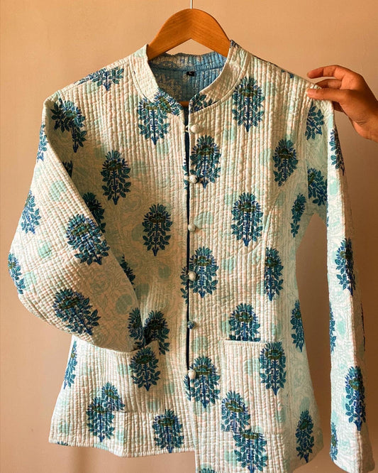 Blue Block Print Quilted Jacket