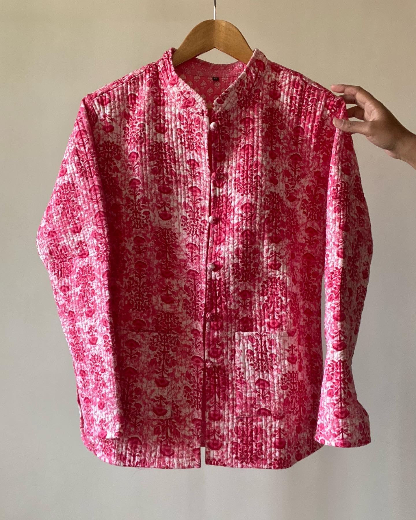 Pink All Over Floral Motif Block Print Cotton Quilted Jacket